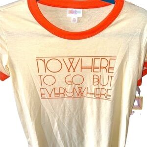 Lularoe XS yellow Liv Graphic T. orange trim‎ “Nowhere to go but Everywhere”.